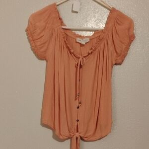 #1 Hippie Rose Orange Puff Sleeve Blouse with Tie Front